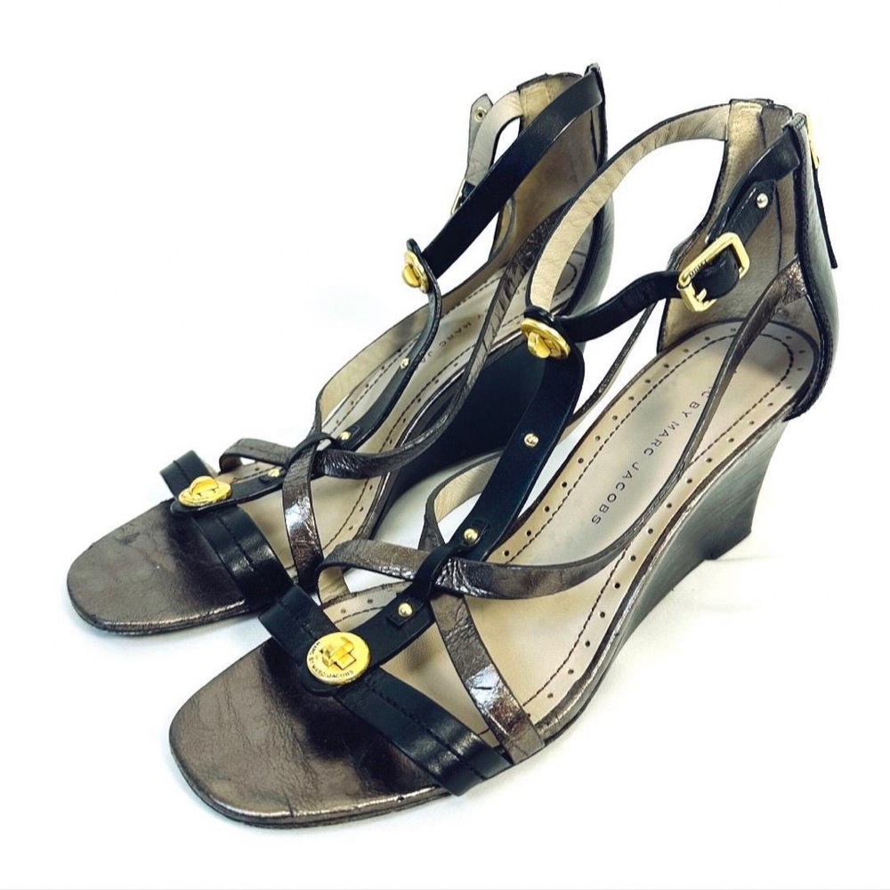 Marc By Marc Jacobs Metallic Leather Strappy Wedge Heels • Gold Brass • 8.5